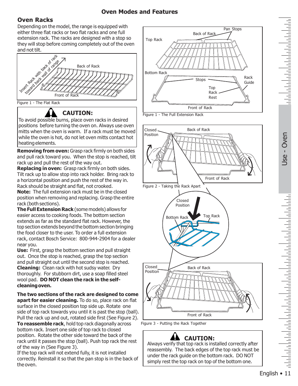 Use - the oven, Use - oven, English • 11 | Oven racks, Oven modes and features, Caution | Bosch BOSCH GAS FREE-STANDING CONVECTION RANGE User Manual | Page 15 / 104