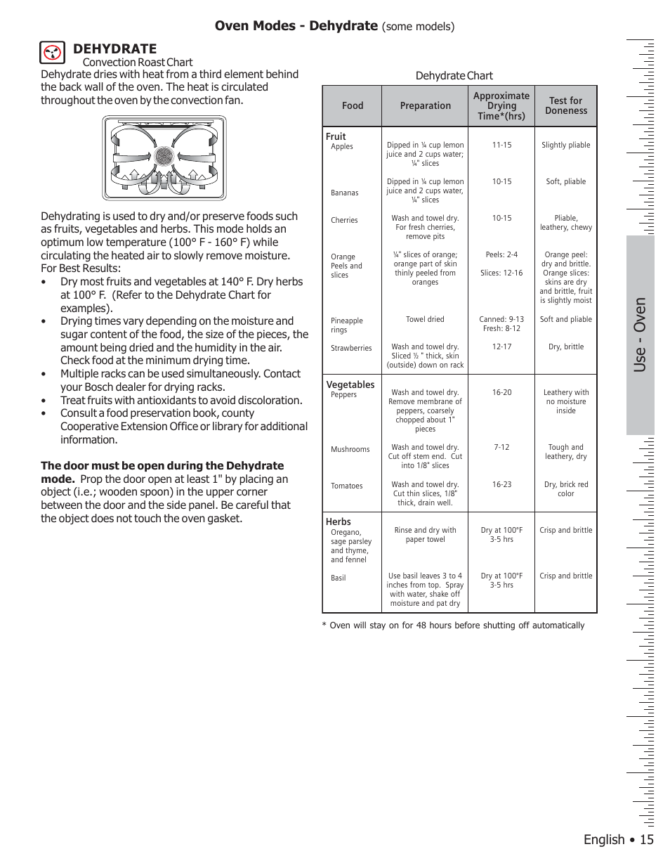 Use - oven, English • 15 dehydrate, Oven modes - dehydrate | Dehydrate chart, Some models) convection roast chart | Bosch BOSCH GAS FREE-STANDING CONVECTION RANGE User Manual | Page 19 / 104
