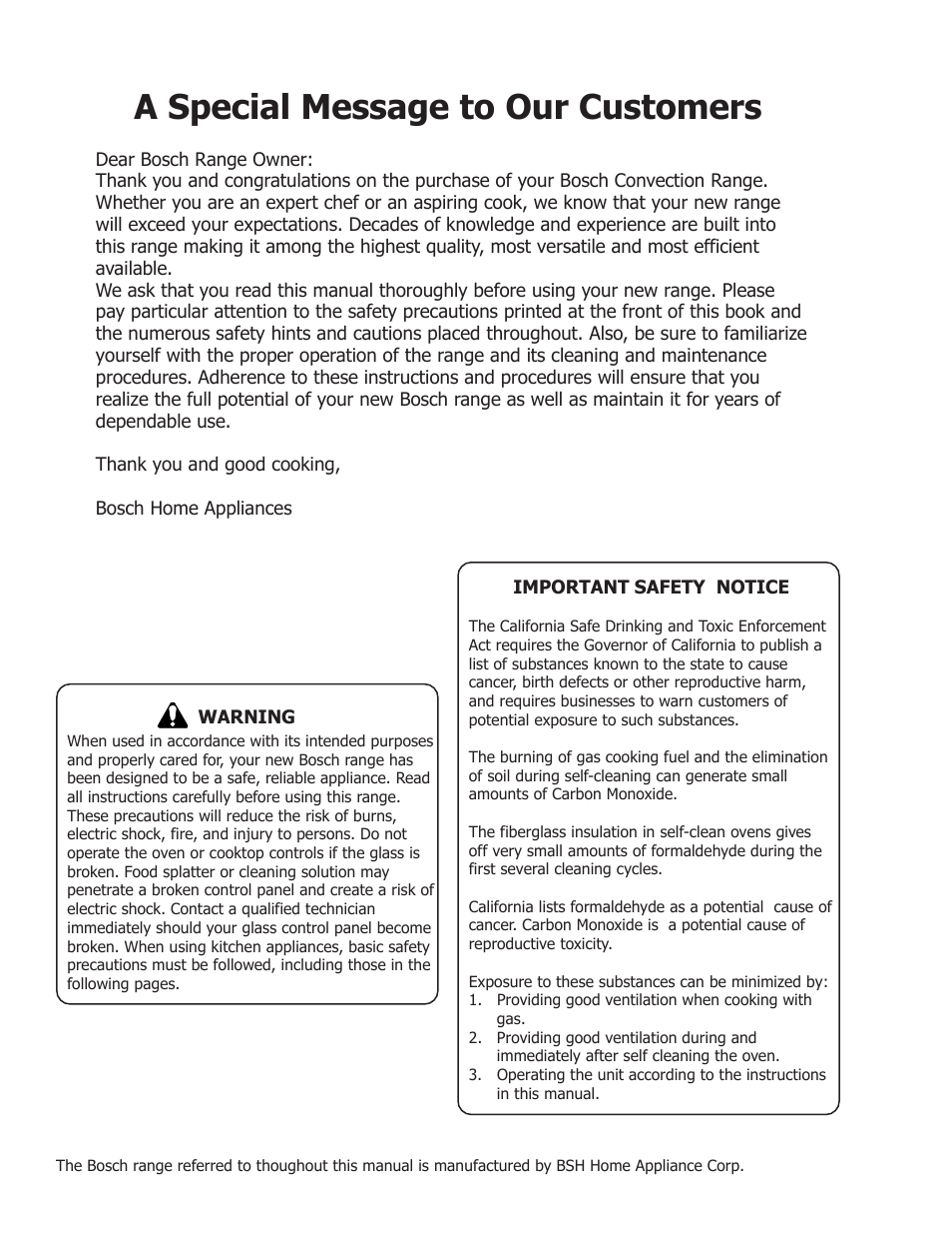 A special message to our customers | Bosch BOSCH GAS FREE-STANDING CONVECTION RANGE User Manual | Page 2 / 104