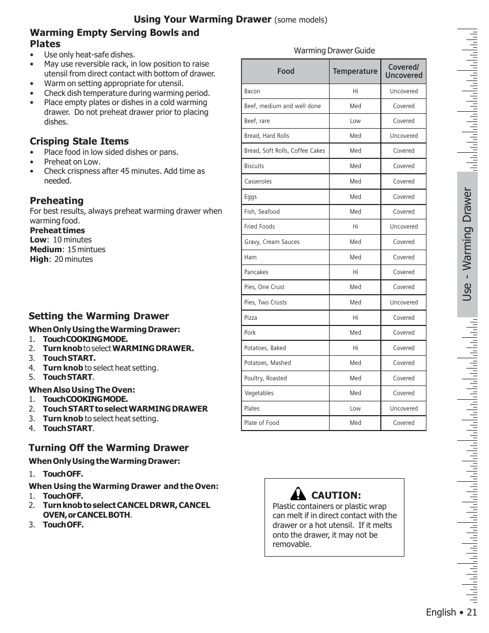 Use - w arming dr aw er, English • 21, Warming empty serving bowls and plates | Crisping stale items, Preheating, Using your warming drawer, Setting the warming drawer, Turning off the warming drawer, Caution | Bosch BOSCH GAS FREE-STANDING CONVECTION RANGE User Manual | Page 25 / 104
