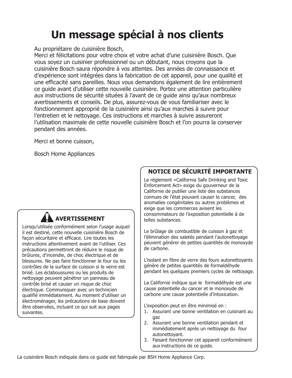 Un message spécial à nos clients | Bosch BOSCH GAS FREE-STANDING CONVECTION RANGE User Manual | Page 36 / 104