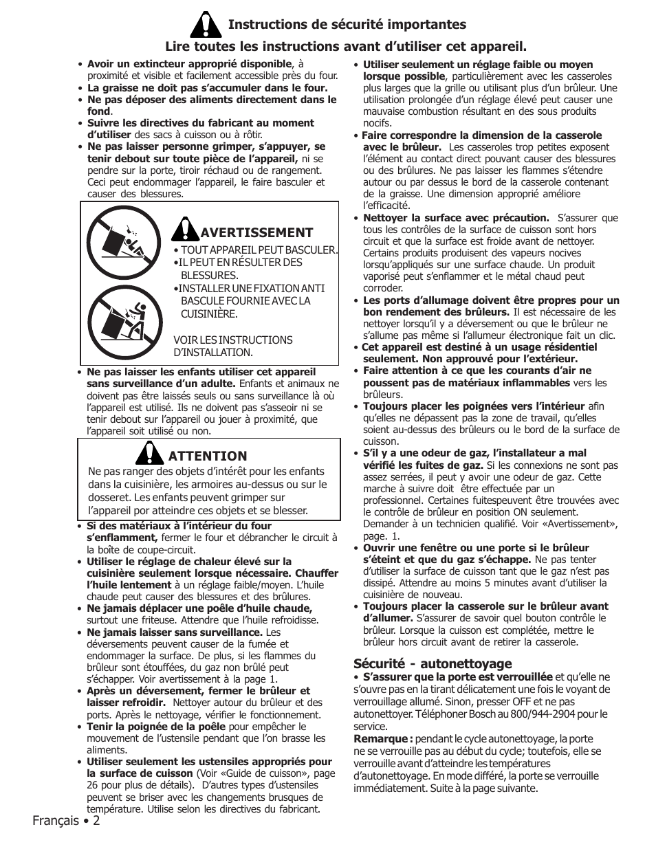 Sécurité - autonettoyage, Attention, Avertissement | Bosch BOSCH GAS FREE-STANDING CONVECTION RANGE User Manual | Page 40 / 104