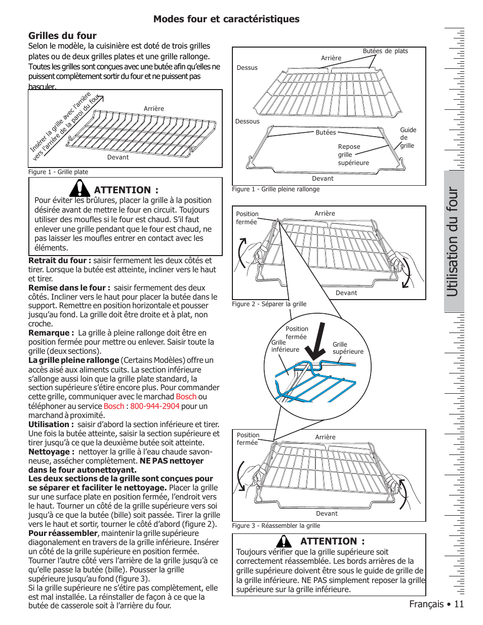 Utilisation du four, Français • 11 grilles du four, Modes four et caractéristiques | Attention | Bosch BOSCH GAS FREE-STANDING CONVECTION RANGE User Manual | Page 49 / 104