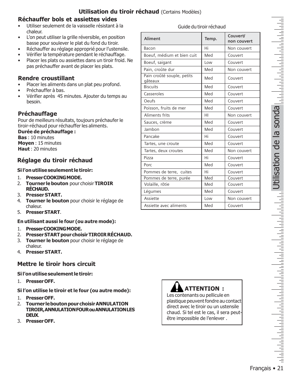 Utilisation de la sonda, Français • 21 réchauffer bols et assiettes vides, Rendre croustillant | Préchauffage, Utilisation du tiroir réchaud, Réglage du tiroir réchaud, Mettre le tiroir hors circuit, Attention | Bosch BOSCH GAS FREE-STANDING CONVECTION RANGE User Manual | Page 59 / 104