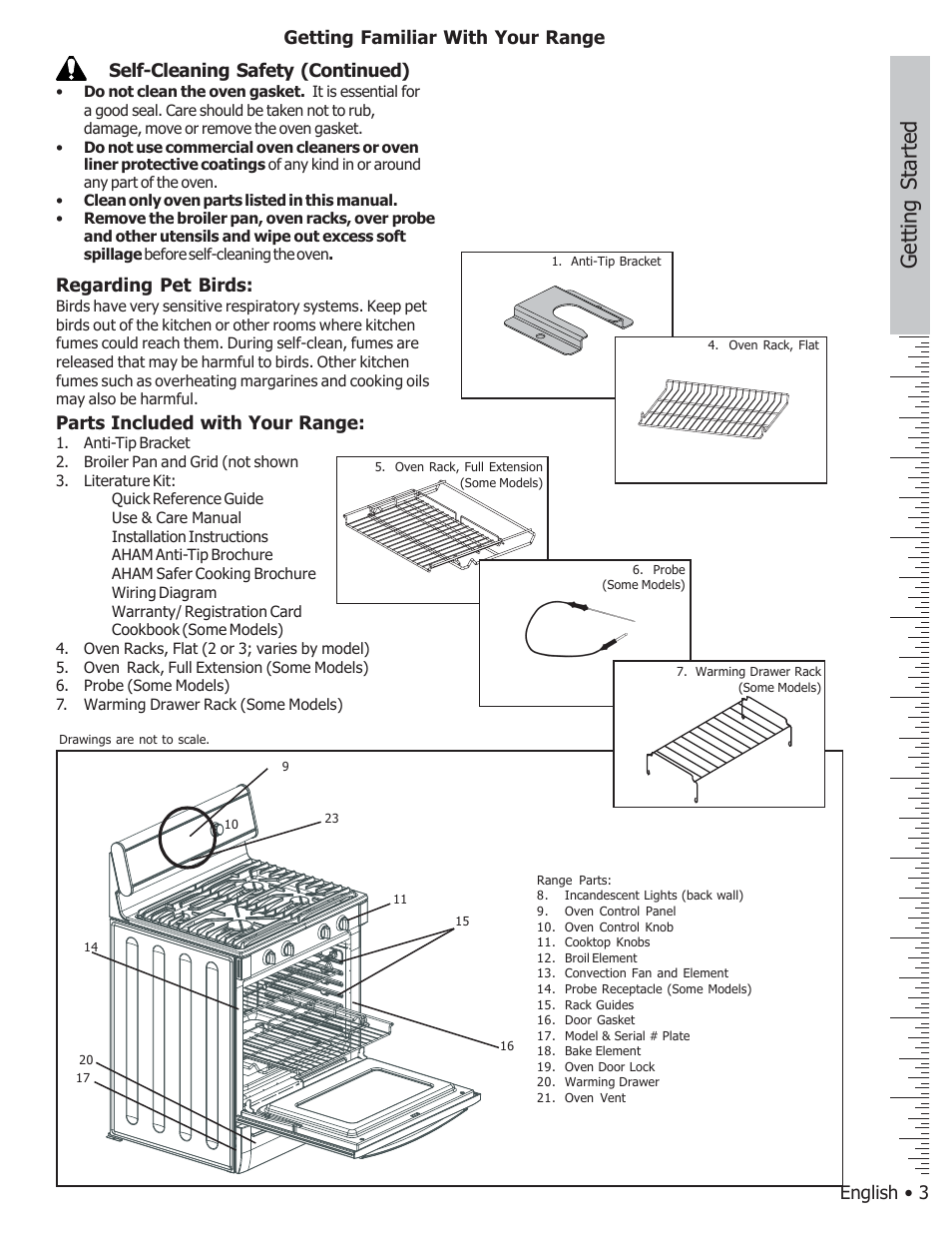 Getting started, English • 3, Getting familiar with your range | Parts included with your range | Bosch BOSCH GAS FREE-STANDING CONVECTION RANGE User Manual | Page 7 / 104