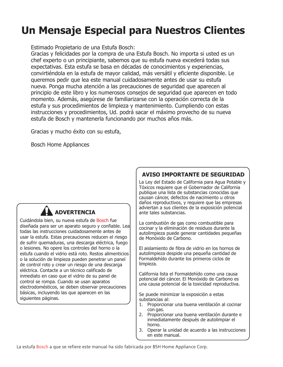 Un mensaje especial para nuestros clientes | Bosch BOSCH GAS FREE-STANDING CONVECTION RANGE User Manual | Page 70 / 104