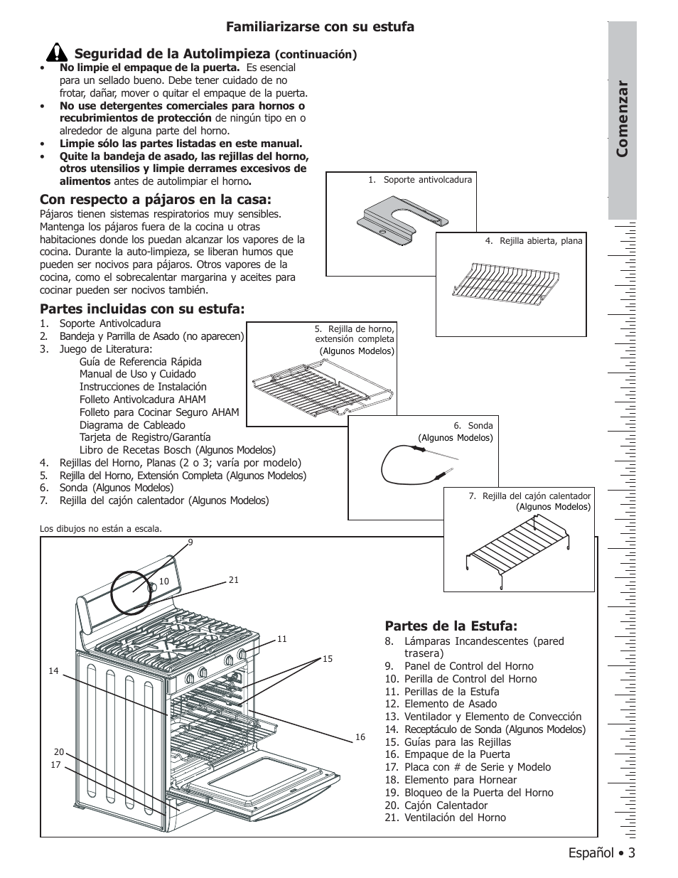 Comenzar, Español • 3 partes incluidas con su estufa, Partes de la estufa | Familiarizarse con su estufa, Seguridad de la autolimpieza, Con respecto a pájaros en la casa | Bosch BOSCH GAS FREE-STANDING CONVECTION RANGE User Manual | Page 75 / 104