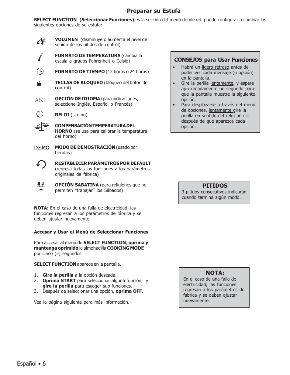 Español • 6, Nota, Pitidos | Preparar su estufa, Consejos para usar funciones | Bosch BOSCH GAS FREE-STANDING CONVECTION RANGE User Manual | Page 78 / 104