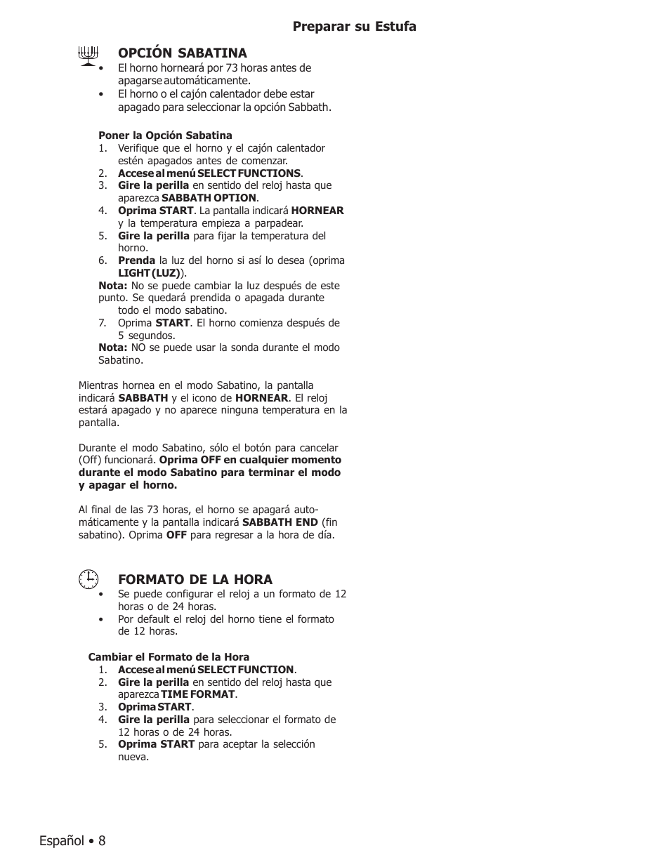 Español • 8, Opción sabatina, Preparar su estufa formato de la hora | Bosch BOSCH GAS FREE-STANDING CONVECTION RANGE User Manual | Page 80 / 104