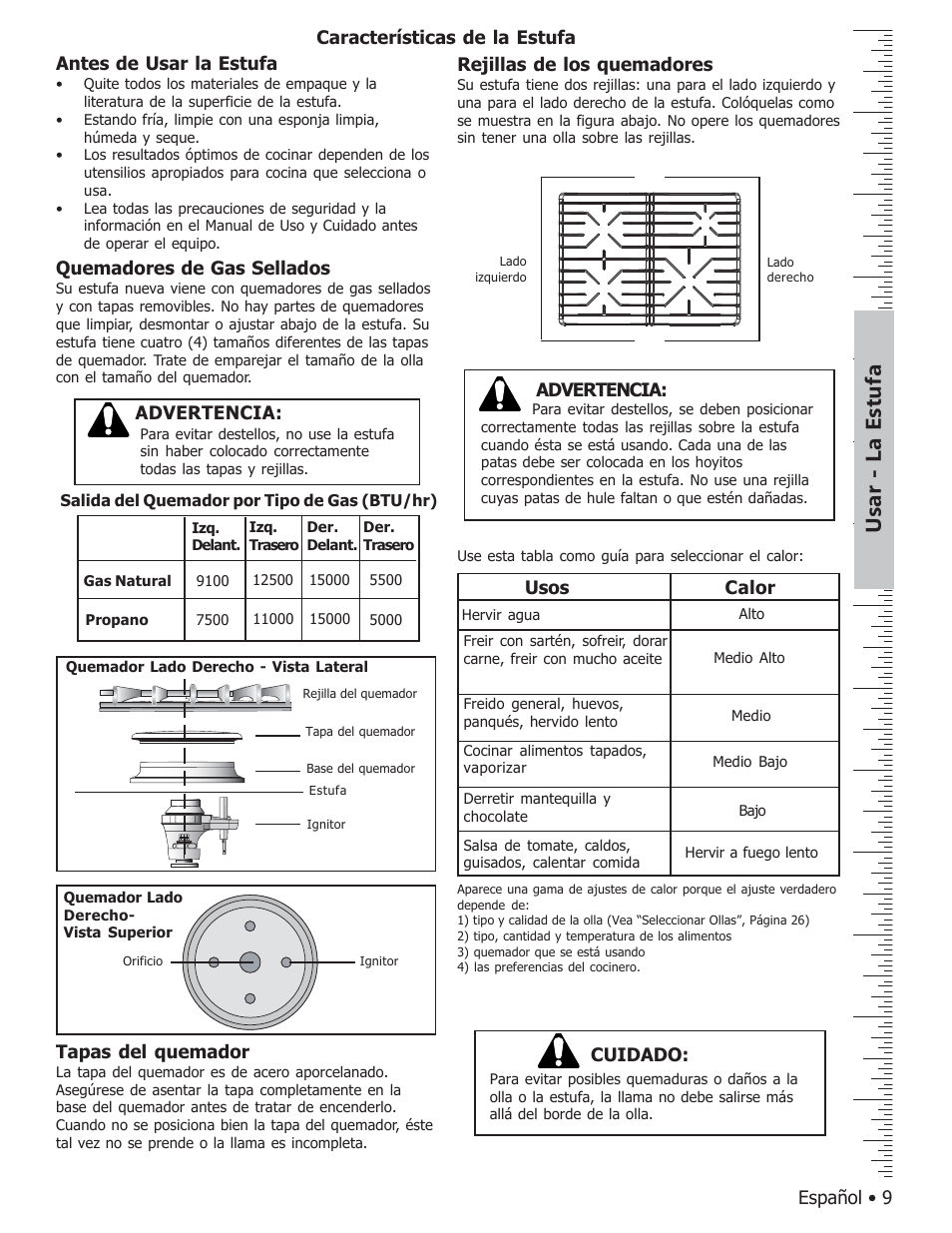 Usar - la estufa, Español • 9, Antes de usar la estufa | Características de la estufa, Quemadores de gas sellados, Tapas del quemador, Rejillas de los quemadores, Calor usos, Advertencia, Cuidado | Bosch BOSCH GAS FREE-STANDING CONVECTION RANGE User Manual | Page 81 / 104