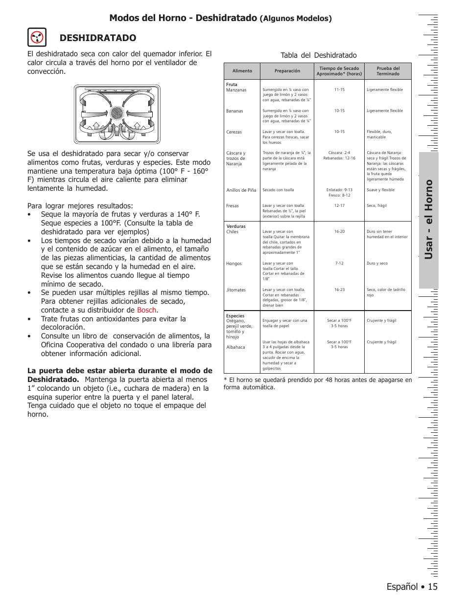 Usar - el horno, Español • 15 deshidratado, Modos del horno - deshidratado | Algunos modelos), Tabla del deshidratado | Bosch BOSCH GAS FREE-STANDING CONVECTION RANGE User Manual | Page 87 / 104