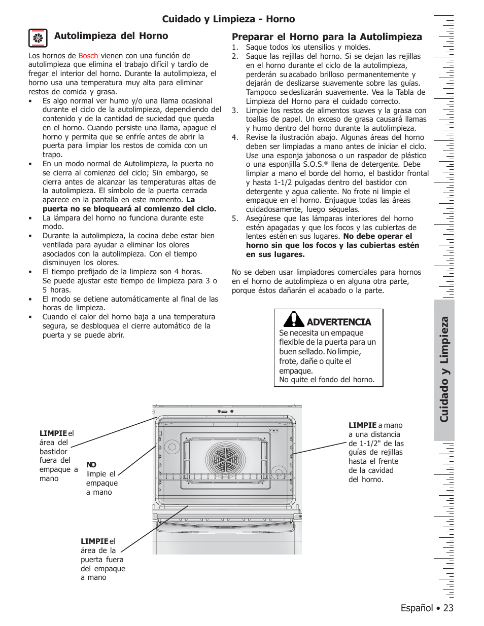 Cuidado y limpieza, Autolimpieza del horno, Advertencia | Bosch BOSCH GAS FREE-STANDING CONVECTION RANGE User Manual | Page 95 / 104