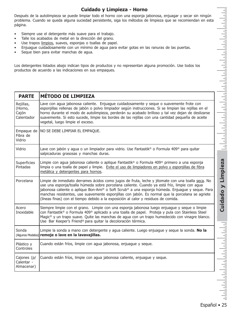 Cuidado y limpieza, Español • 25, Cuidado y limpieza - horno método de limpieza | Parte | Bosch BOSCH GAS FREE-STANDING CONVECTION RANGE User Manual | Page 97 / 104