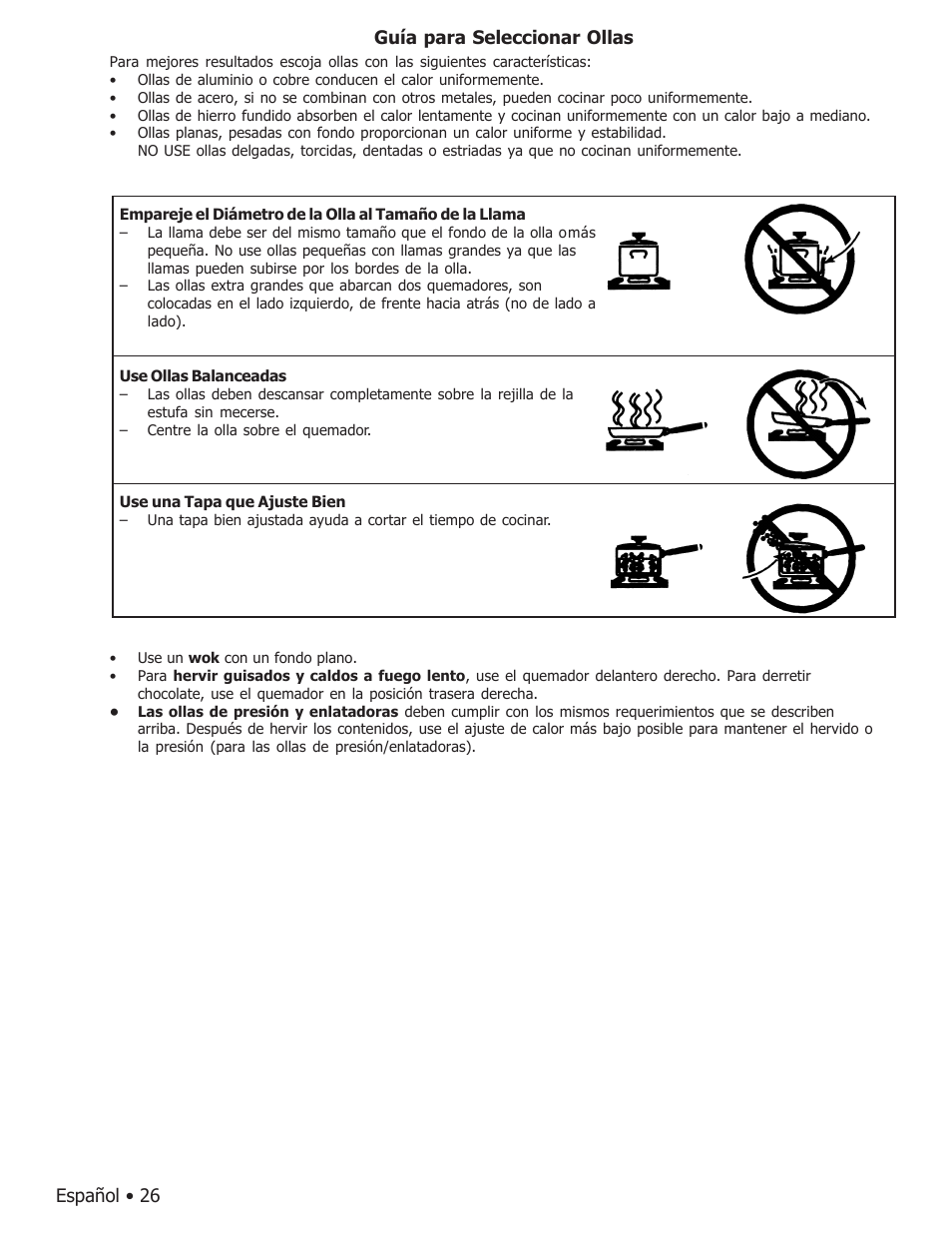 Español • 26 guía para seleccionar ollas | Bosch BOSCH GAS FREE-STANDING CONVECTION RANGE User Manual | Page 98 / 104