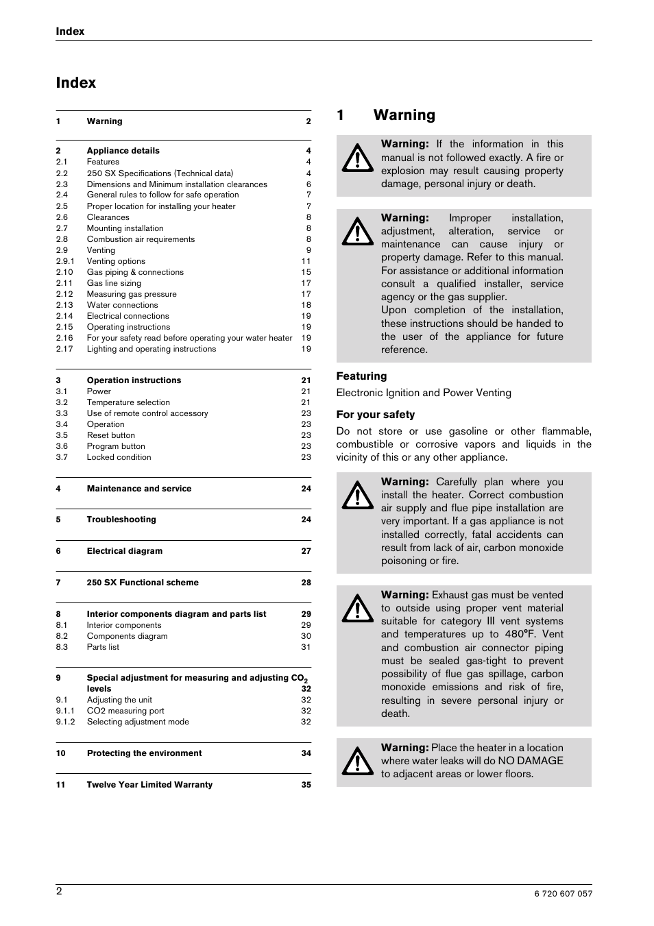 Index, 1warning | Bosch AQUA STAR 250SX LP User Manual | Page 2 / 36