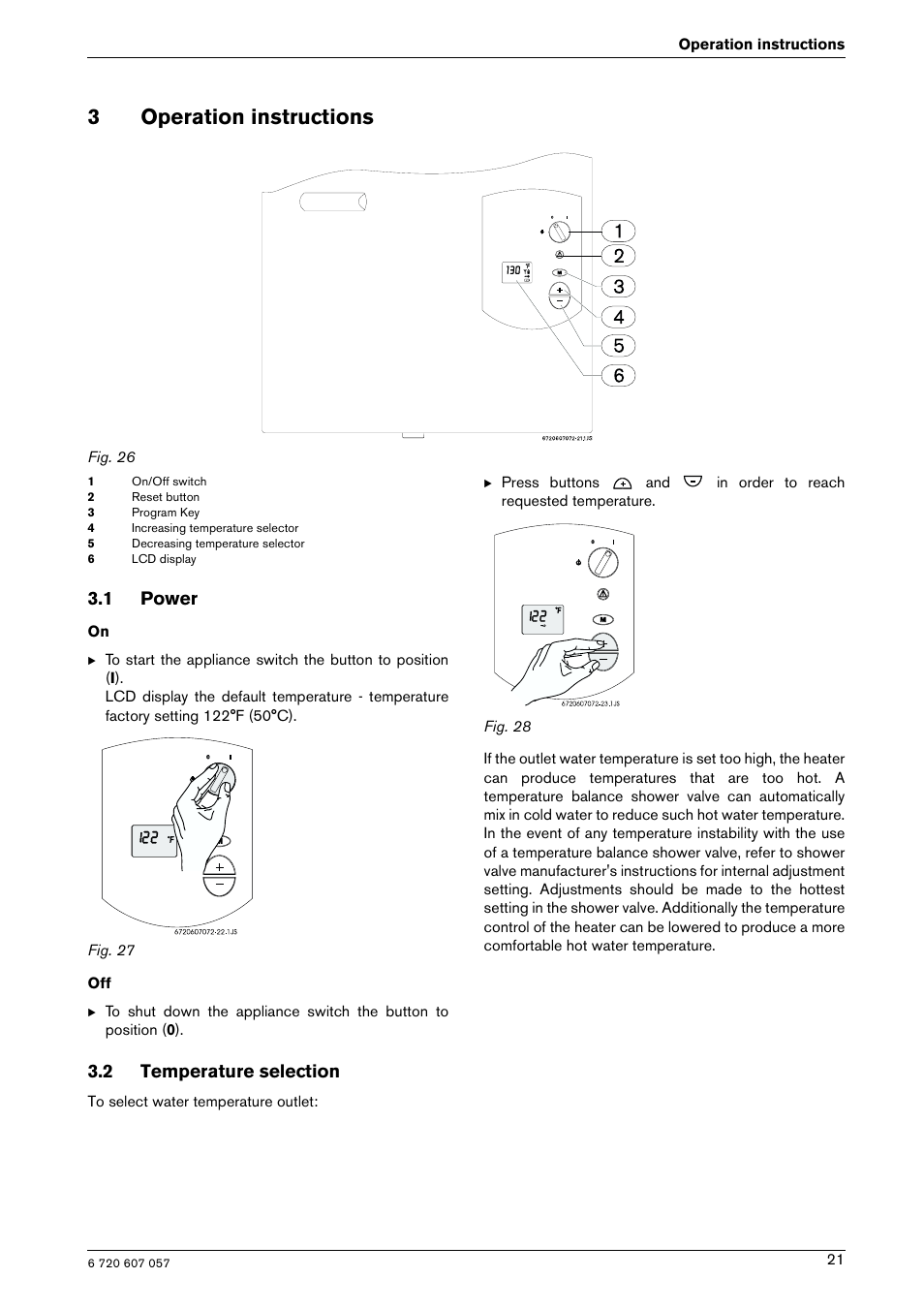 3operation instructions, 1 power, 2 temperature selection | Bosch AQUA STAR 250SX LP User Manual | Page 21 / 36