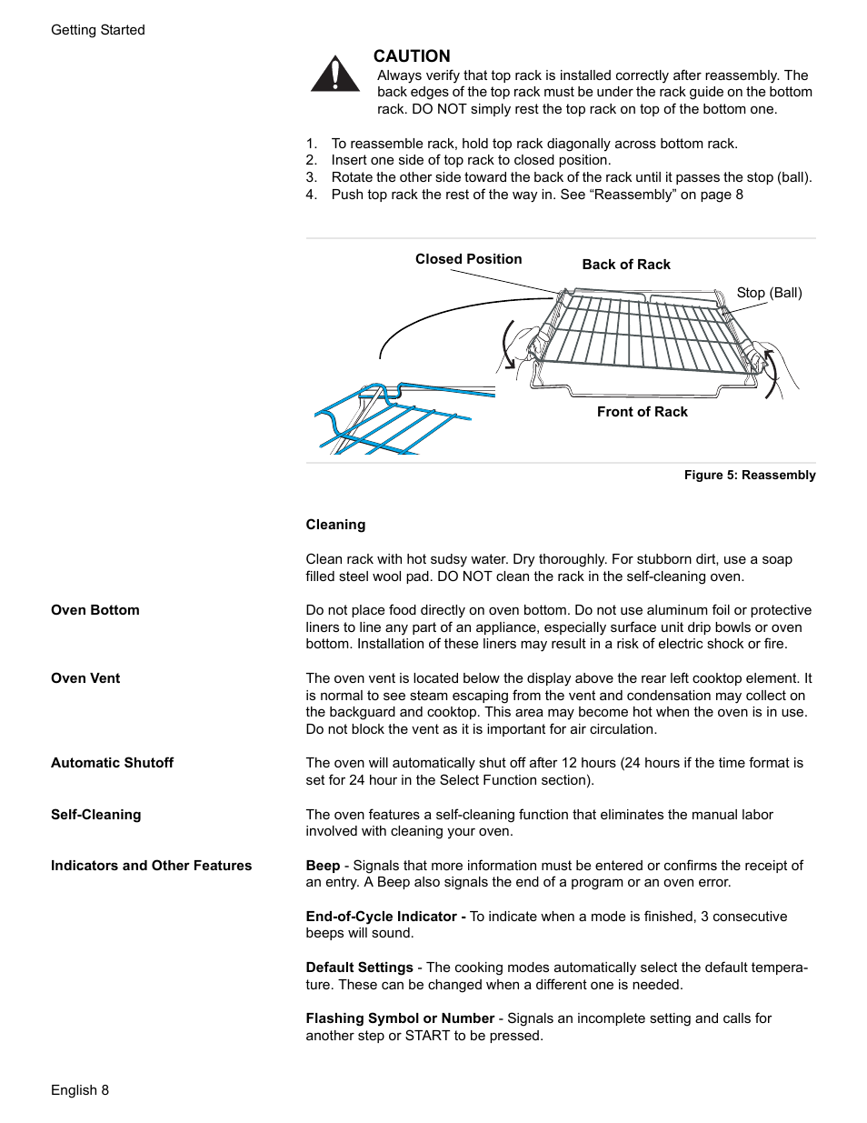 Insert one side of top rack to closed position, Figure 5: reassembly, Oven bottom | Oven vent, Automatic shutoff, Self-cleaning, Indicators and other features | Bosch Electric Range with Magnetic Control Knob and European Convection User Manual | Page 10 / 132