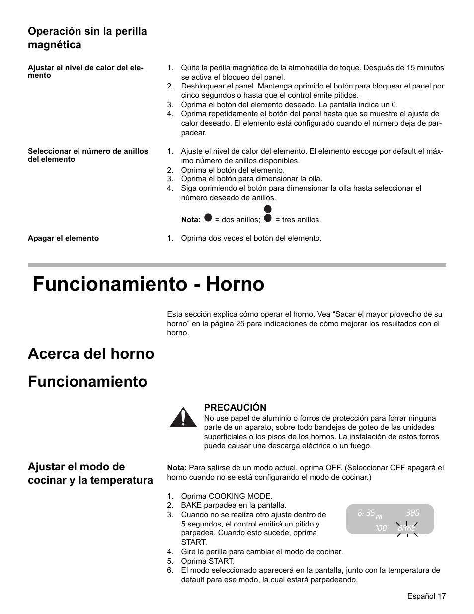 Operación sin la perilla magnética, Ajustar el nivel de calor del elemento, Seleccionar el número de anillos del elemento | Oprima el botón del elemento, Oprima el botón para dimensionar la olla, Apagar el elemento, Oprima dos veces el botón del elemento, Funcionamiento - horno, Acerca del horno, Funcionamiento | Bosch Electric Range with Magnetic Control Knob and European Convection User Manual | Page 105 / 132