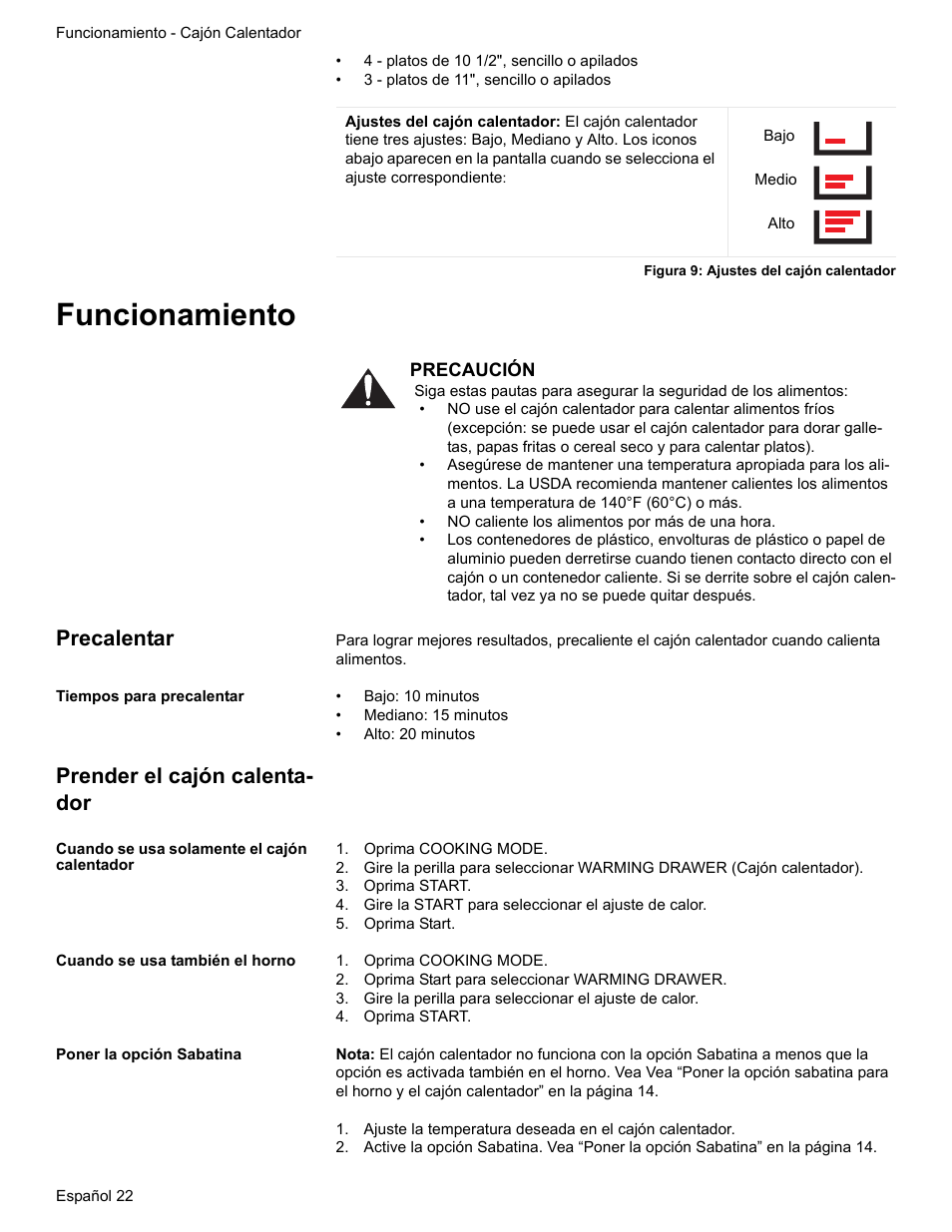 Figura 9: ajustes del cajón calentador, Funcionamiento, Precalentar | Tiempos para precalentar, Prender el cajón calentador, Cuando se usa solamente el cajón calentador, Oprima cooking mode, Oprima start, Gire la start para seleccionar el ajuste de calor, Cuando se usa también el horno | Bosch Electric Range with Magnetic Control Knob and European Convection User Manual | Page 110 / 132