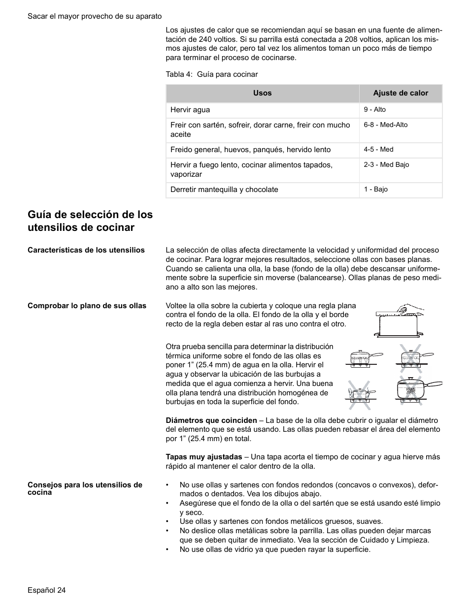 Tabla 4: guía para cocinar, Guía de selección de los utensilios de cocinar, Características de los utensilios | Comprobar lo plano de sus ollas, Consejos para los utensilios de cocina | Bosch Electric Range with Magnetic Control Knob and European Convection User Manual | Page 112 / 132