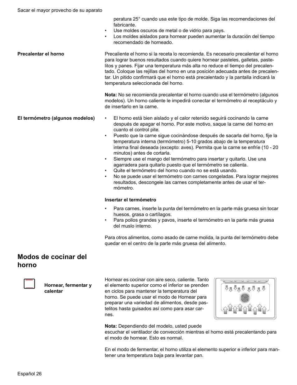 Precalentar el horno, El termómetro (algunos modelos), Modos de cocinar del horno | Hornear, fermentar y calentar | Bosch Electric Range with Magnetic Control Knob and European Convection User Manual | Page 114 / 132