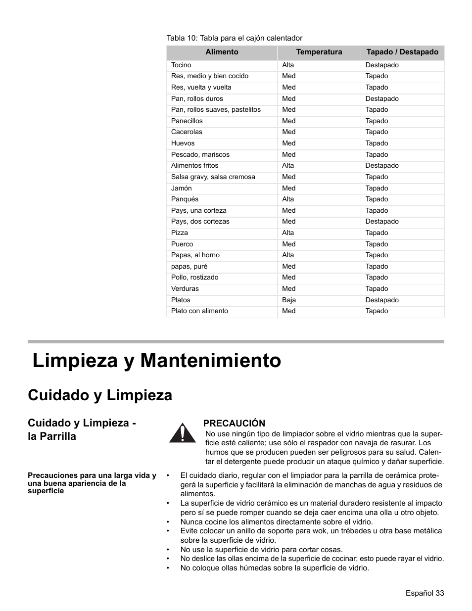 Tabla 10: tabla para el cajón calentador, Limpieza y mantenimiento, Cuidado y limpieza | Cuidado y limpieza - la parrilla | Bosch Electric Range with Magnetic Control Knob and European Convection User Manual | Page 121 / 132