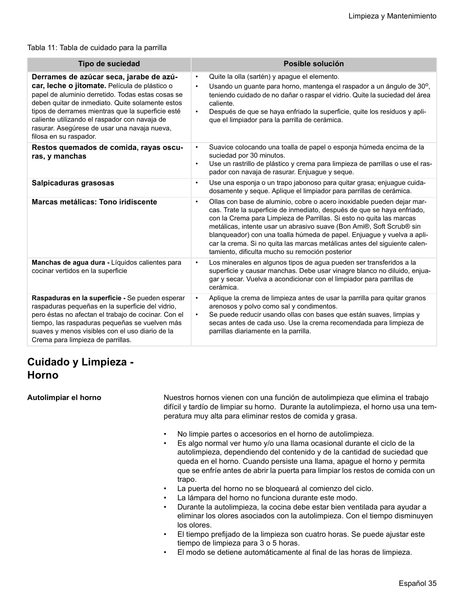 Tabla 11: tabla de cuidado para la parrilla, Cuidado y limpieza - horno, Autolimpiar el horno | Bosch Electric Range with Magnetic Control Knob and European Convection User Manual | Page 123 / 132