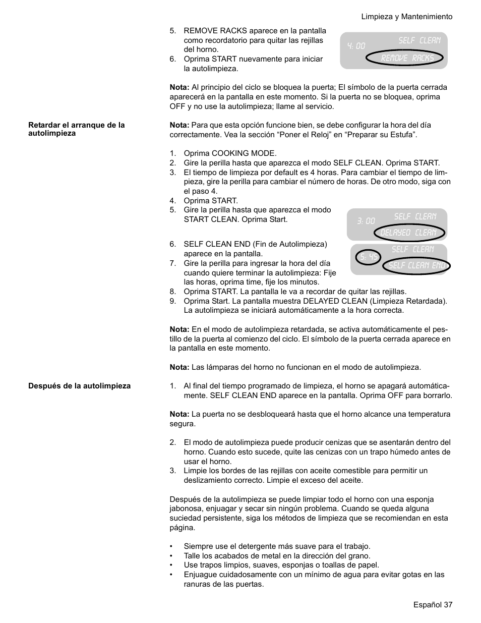 Remove racks, Retardar el arranque de la autolimpieza, Oprima cooking mode | Oprima start, Después de la autolimpieza | Bosch Electric Range with Magnetic Control Knob and European Convection User Manual | Page 125 / 132