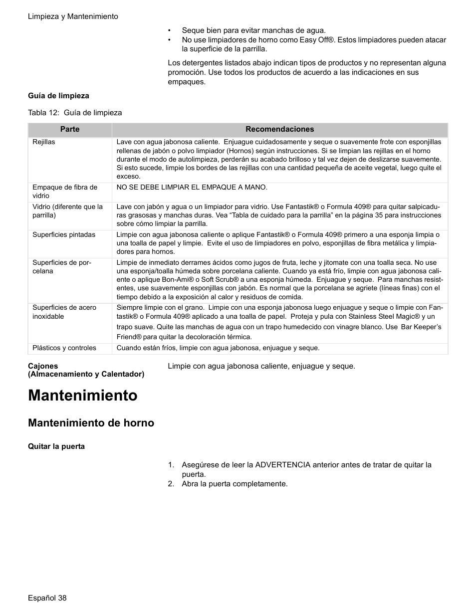 Guía de limpieza, Tabla 12: guía de limpieza, Cajones (almacenamiento y calentador) | Mantenimiento, Mantenimiento de horno, Quitar la puerta, Abra la puerta completamente | Bosch Electric Range with Magnetic Control Knob and European Convection User Manual | Page 126 / 132