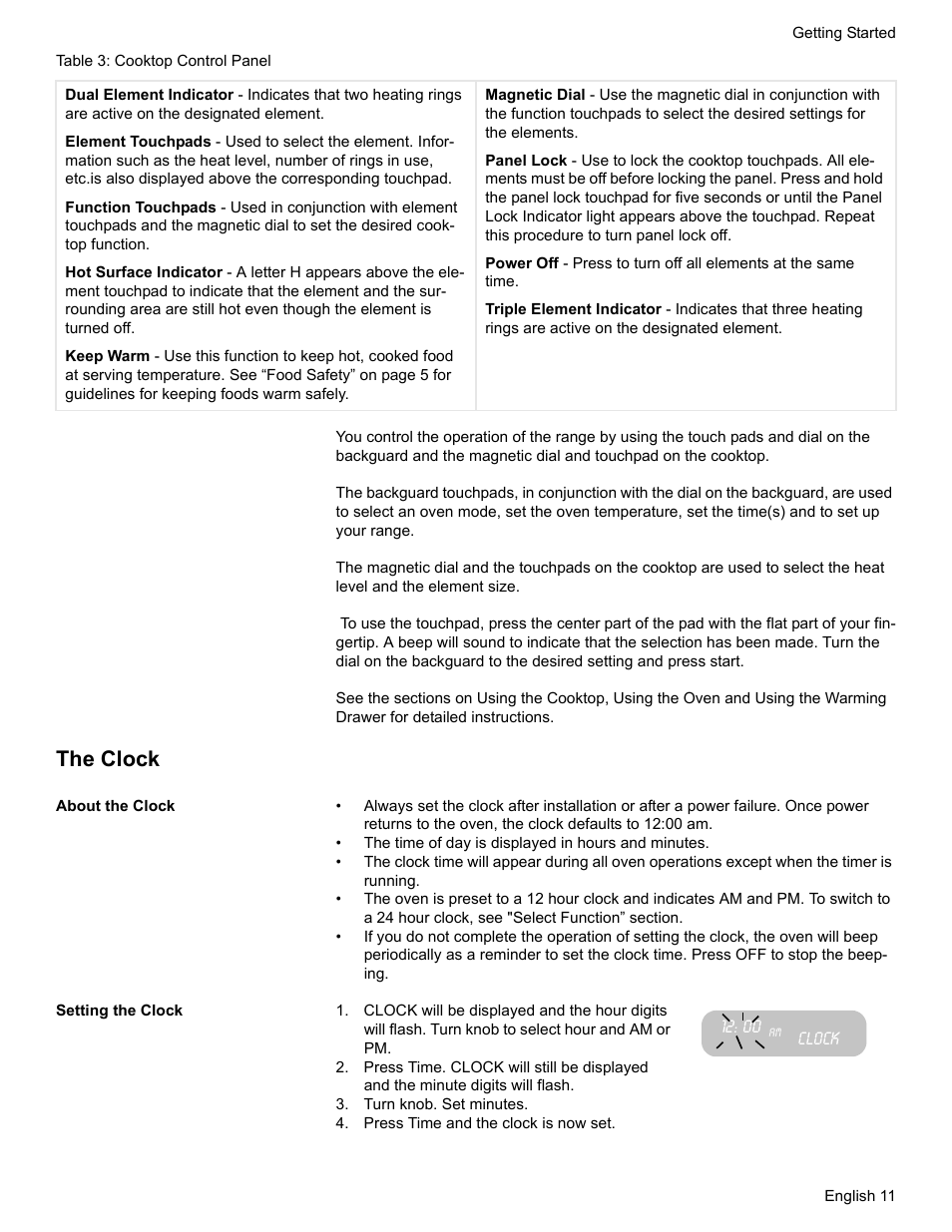 Table 3: cooktop control panel, The clock, About the clock | Setting the clock, Clock, Turn knob. set minutes, Press time and the clock is now set | Bosch Electric Range with Magnetic Control Knob and European Convection User Manual | Page 13 / 132