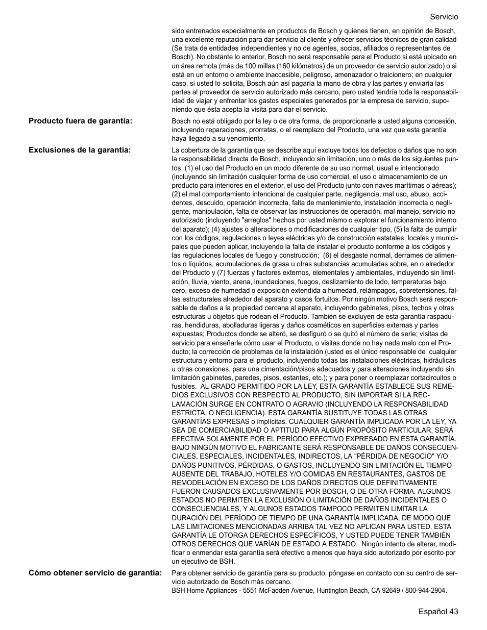 Producto fuera de garantía, Exclusiones de la garantía, Cómo obtener servicio de garantía | Bosch Electric Range with Magnetic Control Knob and European Convection User Manual | Page 131 / 132