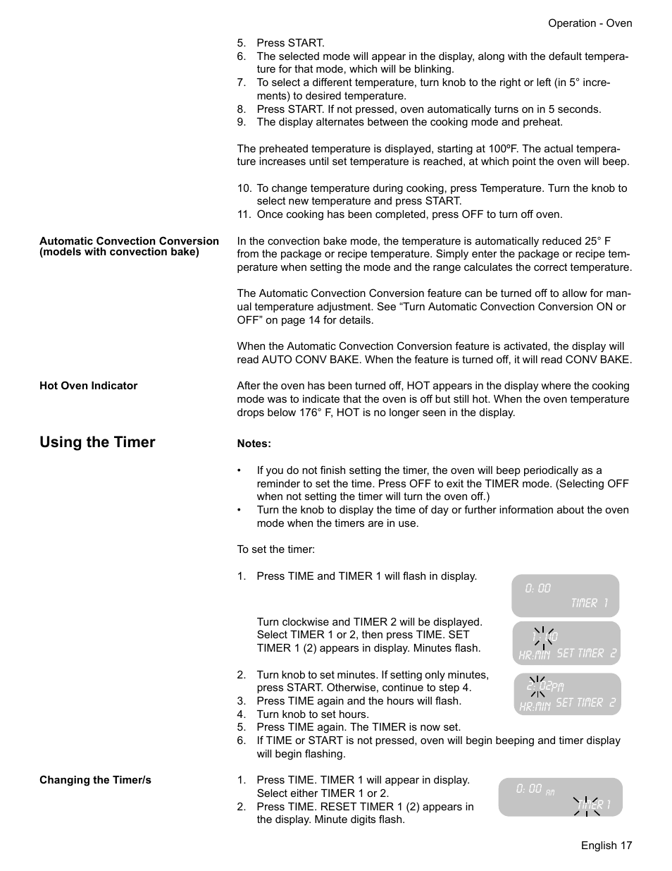 Press start, Hot oven indicator, Using the timer | Press time and timer 1 will flash in display, Timer 1, Set timer 2, Press time again and the hours will flash, Turn knob to set hours, Press time again. the timer is now set, Changing the timer/s | Bosch Electric Range with Magnetic Control Knob and European Convection User Manual | Page 19 / 132