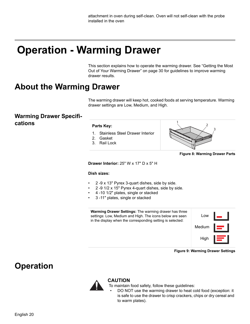 Operation - warming drawer, About the warming drawer, Warming drawer specifications | Stainless steel drawer interior, Gasket, Rail lock, Figure 8: warming drawer parts, Figure 9: warming drawer settings, Operation, Warming drawer specifi- cations | Bosch Electric Range with Magnetic Control Knob and European Convection User Manual | Page 22 / 132