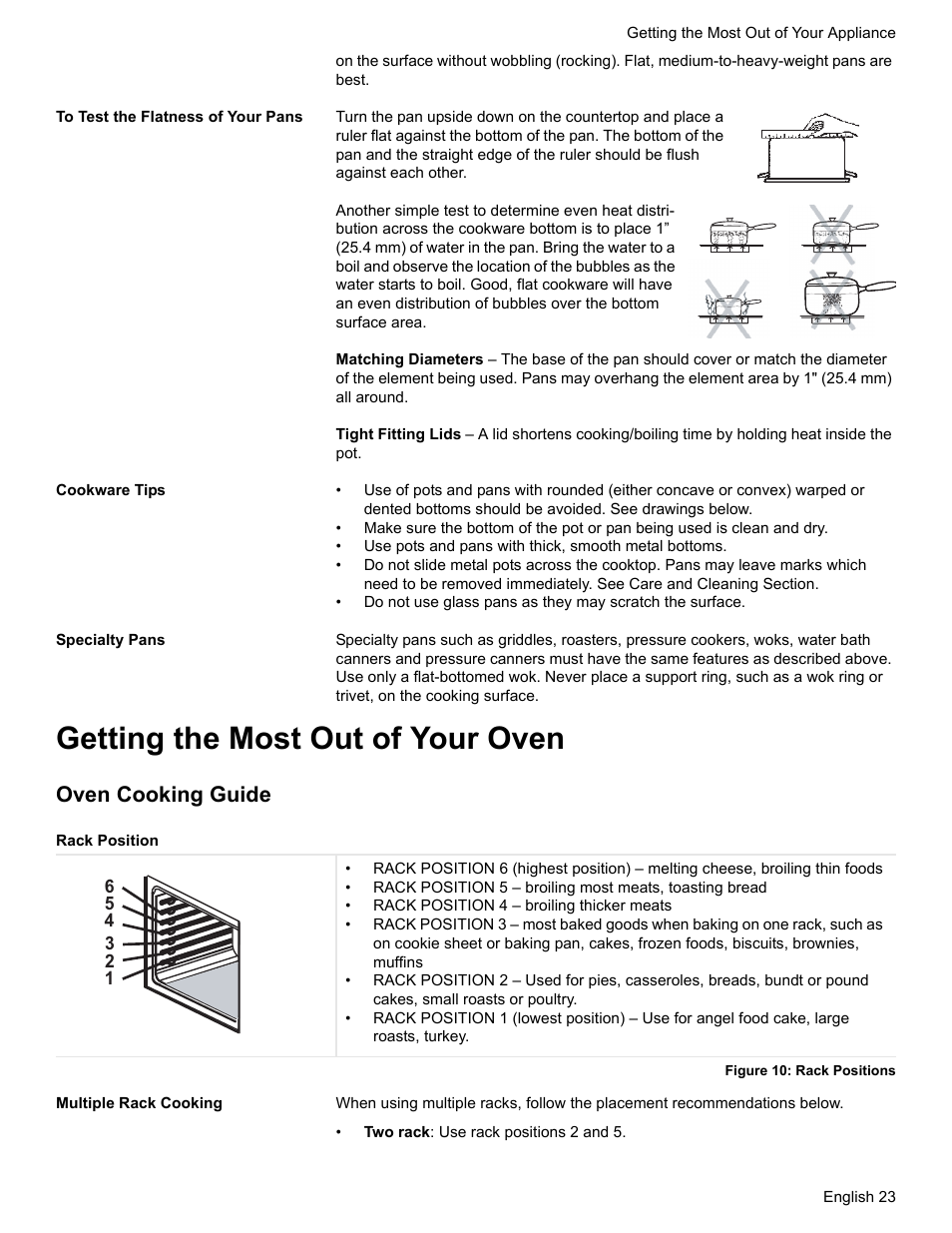 To test the flatness of your pans, Cookware tips, Specialty pans | Getting the most out of your oven, Oven cooking guide, Rack position, Figure 10: rack positions, Multiple rack cooking | Bosch Electric Range with Magnetic Control Knob and European Convection User Manual | Page 25 / 132