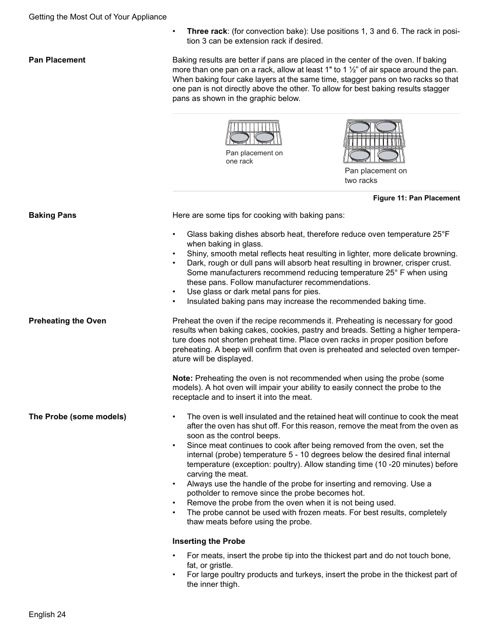 Pan placement, Figure 11: pan placement, Baking pans | Preheating the oven, The probe (some models) | Bosch Electric Range with Magnetic Control Knob and European Convection User Manual | Page 26 / 132