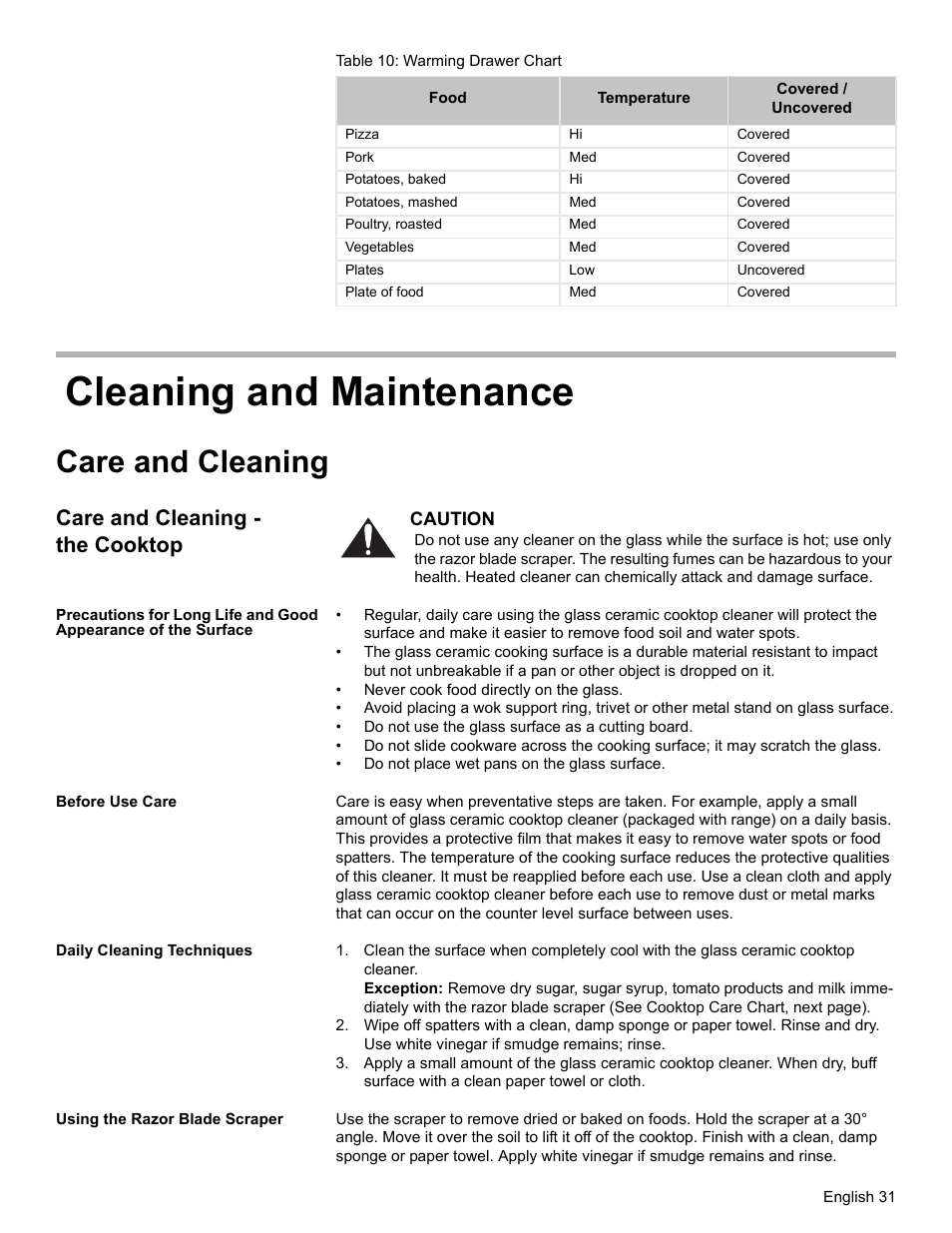 Cleaning and maintenance, Care and cleaning, Care and cleaning - the cooktop | Before use care, Daily cleaning techniques, Using the razor blade scraper | Bosch Electric Range with Magnetic Control Knob and European Convection User Manual | Page 33 / 132