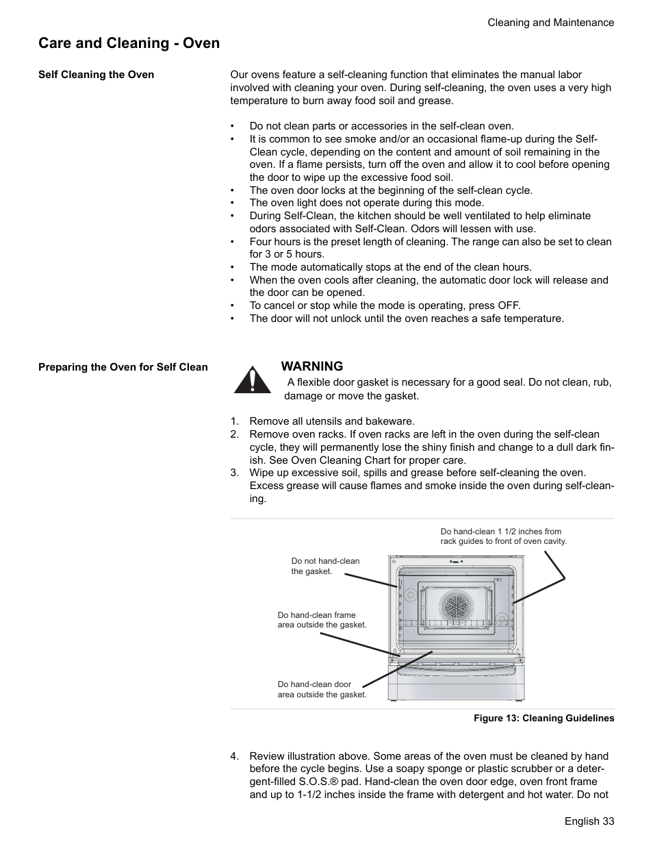 Care and cleaning - oven, Self cleaning the oven, Preparing the oven for self clean | Remove all utensils and bakeware, Figure 13: cleaning guidelines | Bosch Electric Range with Magnetic Control Knob and European Convection User Manual | Page 35 / 132