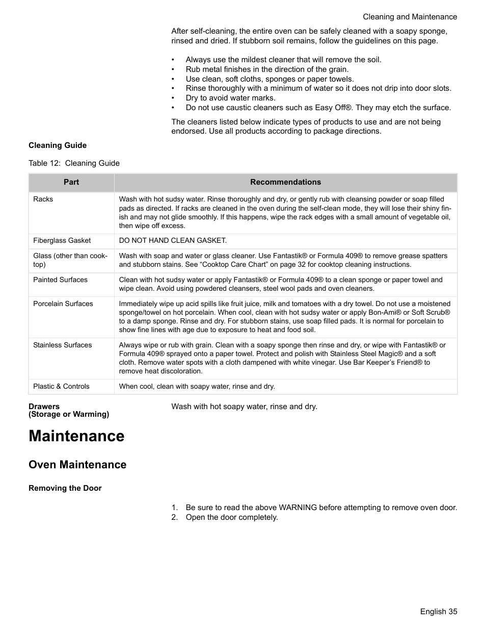 Cleaning guide, Table 12: cleaning guide, Drawers (storage or warming) | Maintenance, Oven maintenance, Removing the door, Open the door completely | Bosch Electric Range with Magnetic Control Knob and European Convection User Manual | Page 37 / 132