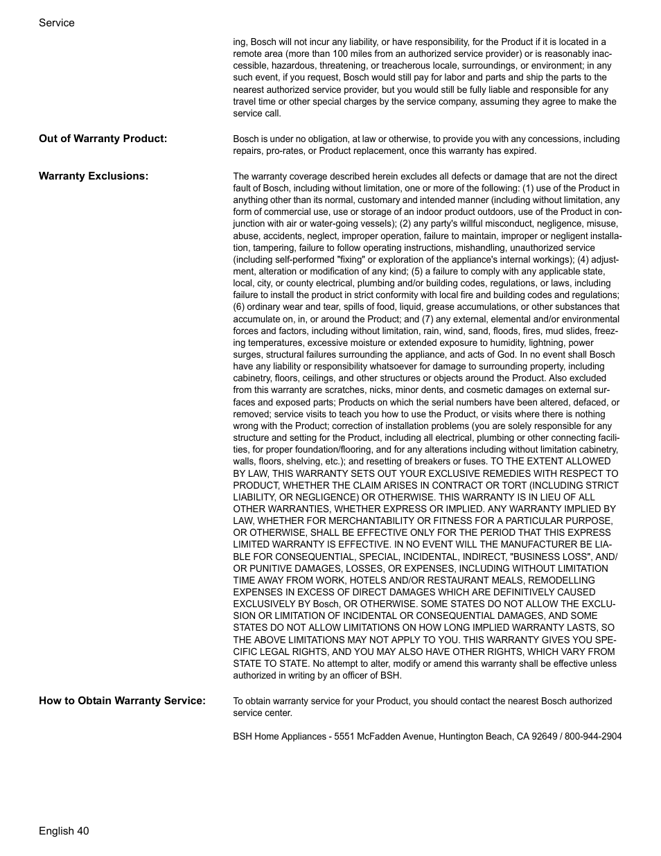 Out of warranty product, Warranty exclusions, How to obtain warranty service | Bosch Electric Range with Magnetic Control Knob and European Convection User Manual | Page 42 / 132