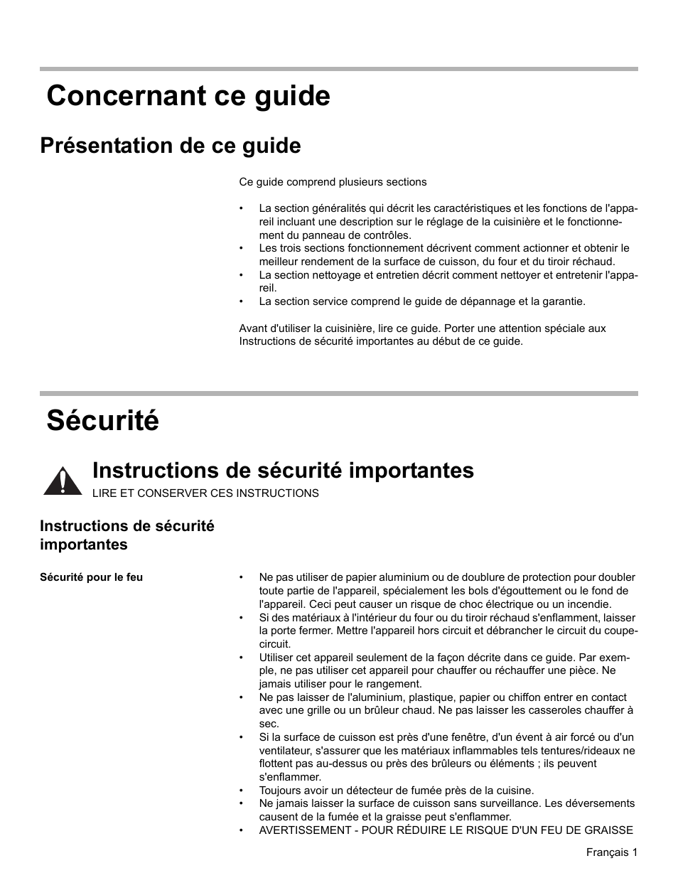 Concernant ce guide, Présentation de ce guide, Sécurité | Instructions de sécurité importantes, Sécurité pour le feu, Concernant ce guide sécurité | Bosch Electric Range with Magnetic Control Knob and European Convection User Manual | Page 45 / 132