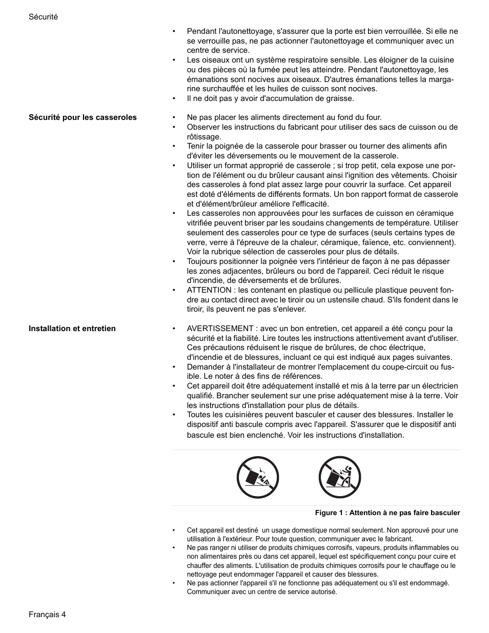 Sécurité pour les casseroles, Installation et entretien, Figure 1 : attention à ne pas faire basculer | Bosch Electric Range with Magnetic Control Knob and European Convection User Manual | Page 48 / 132