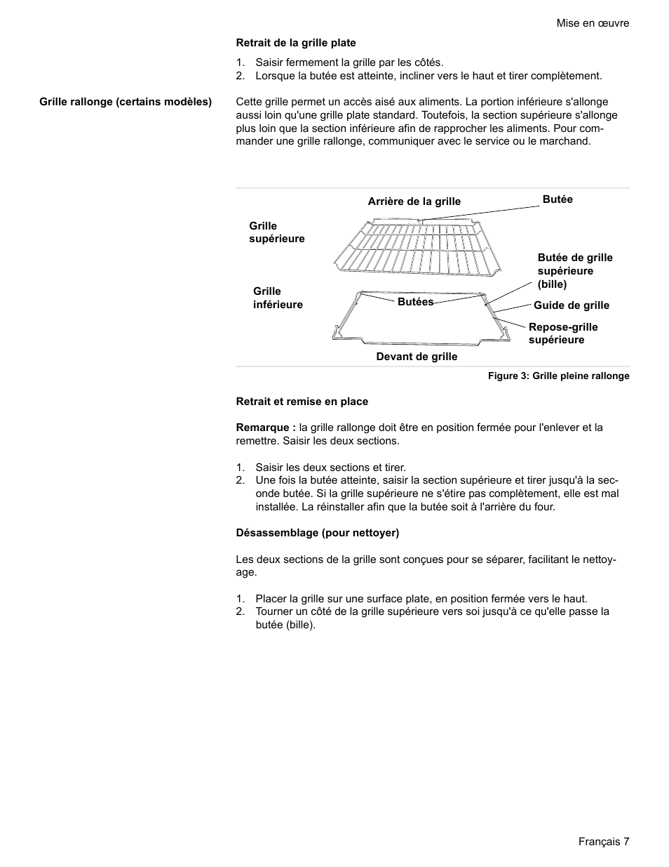 Saisir fermement la grille par les côtés, Grille rallonge (certains modèles), Figure 3: grille pleine rallonge | Saisir les deux sections et tirer | Bosch Electric Range with Magnetic Control Knob and European Convection User Manual | Page 51 / 132