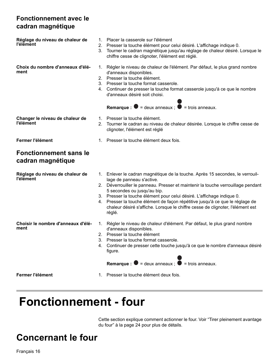 Fonctionnement avec le cadran magnétique, Réglage du niveau de chaleur de l'élément, Placer la casserole sur l'élément | Choix du nombre d'anneaux d'élément, Presser la touche élément, Presser la touche format casserole, Changer le niveau de chaleur de l'élément, Fermer l'élément, Presser la touche élément deux fois, Fonctionnement sans le cadran magnétique | Bosch Electric Range with Magnetic Control Knob and European Convection User Manual | Page 60 / 132