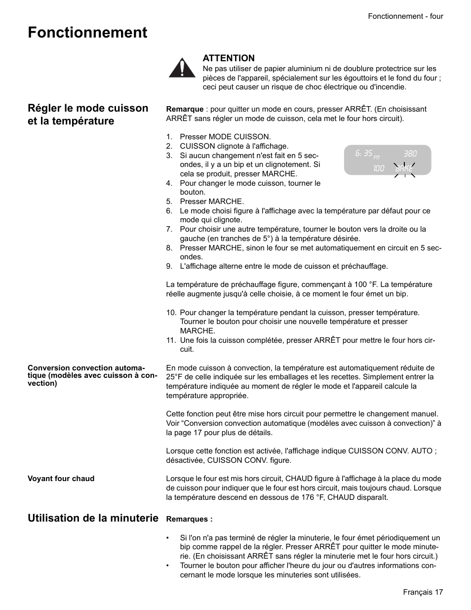 Fonctionnement, Régler le mode cuisson et la température, Presser mode cuisson | Cuisson clignote à l'affichage, Bake, Pour changer le mode cuisson, tourner le bouton, Presser marche, Voyant four chaud, Utilisation de la minuterie | Bosch Electric Range with Magnetic Control Knob and European Convection User Manual | Page 61 / 132