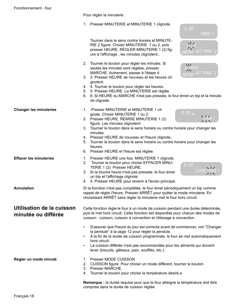 Presser minuterie et minuterie 1 clignote, Timer 1, Set timer 2 | 4. tourner le bouton pour régler les heures, 5. presser heure. la minuterie est réglée, Changer les minuteries, Presser heure de nouveau et l'heure clignote, Presser heure et l'heure est réglée, Effacer les minuteries, Presser heure une fois. minuterie 1 clignote | Bosch Electric Range with Magnetic Control Knob and European Convection User Manual | Page 62 / 132