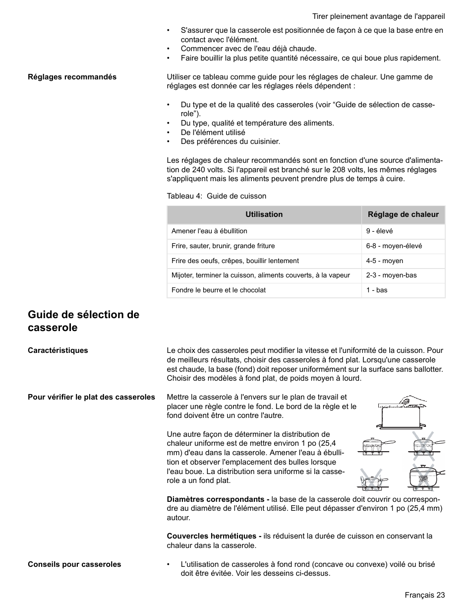 Réglages recommandés, Tableau 4: guide de cuisson, Guide de sélection de casserole | Caractéristiques, Pour vérifier le plat des casseroles, Conseils pour casseroles | Bosch Electric Range with Magnetic Control Knob and European Convection User Manual | Page 67 / 132