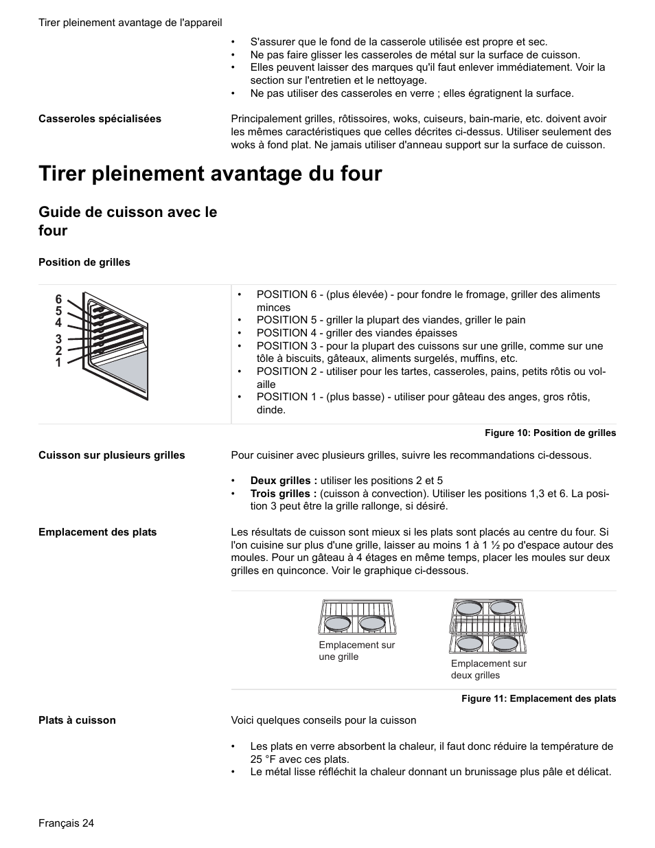 Casseroles spécialisées, Tirer pleinement avantage du four, Guide de cuisson avec le four | Position de grilles, Figure 10: position de grilles, Cuisson sur plusieurs grilles, Emplacement des plats, Figure 11: emplacement des plats, Plats à cuisson | Bosch Electric Range with Magnetic Control Knob and European Convection User Manual | Page 68 / 132