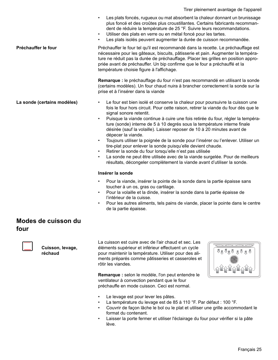Préchauffer le four, La sonde (certains modèles), Modes de cuisson du four | Cuisson, levage, réchaud | Bosch Electric Range with Magnetic Control Knob and European Convection User Manual | Page 69 / 132