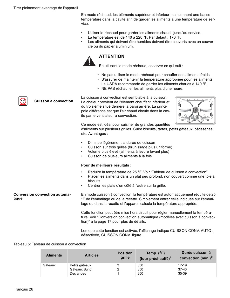 Cuisson à convection, Conversion convection automatique, Tableau 5: tableau de cuisson à convection | Bosch Electric Range with Magnetic Control Knob and European Convection User Manual | Page 70 / 132