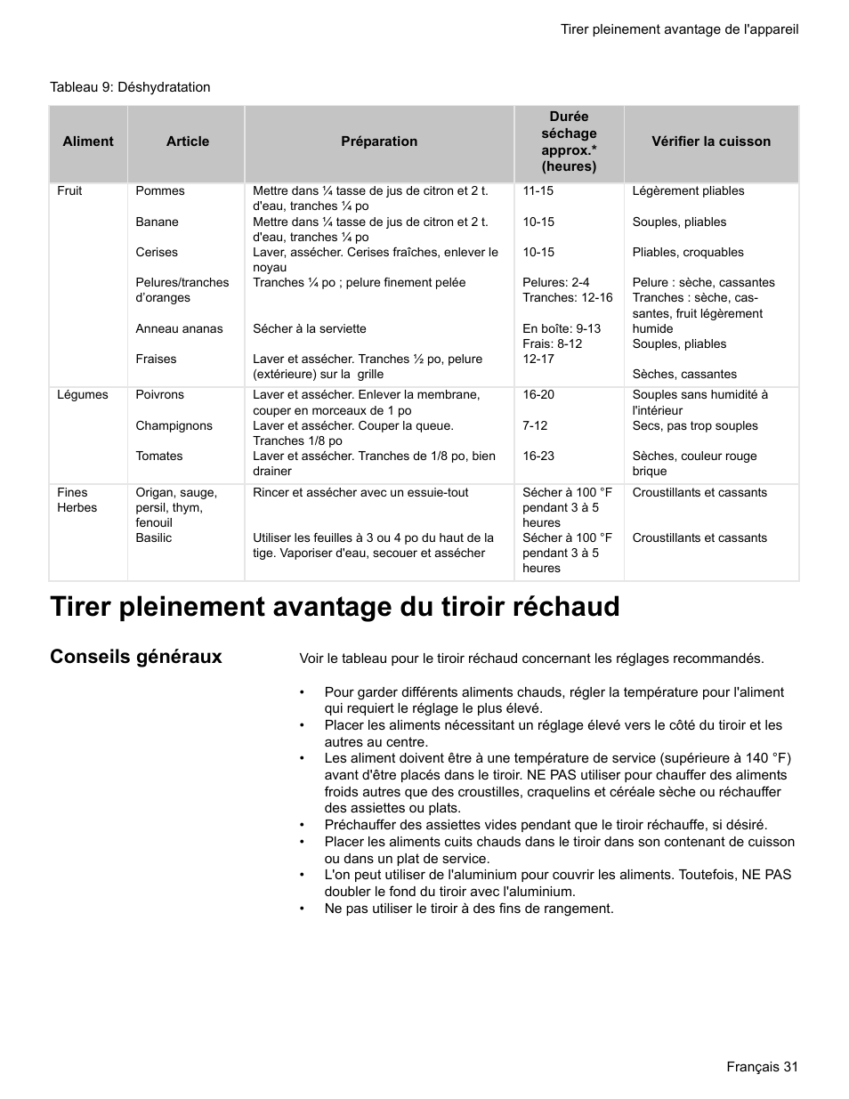 Tableau 9: déshydratation, Tirer pleinement avantage du tiroir réchaud, Conseils généraux | Bosch Electric Range with Magnetic Control Knob and European Convection User Manual | Page 75 / 132